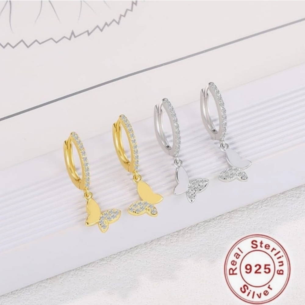 Gold and Silver Butterfly Drop Earrings - Picture 3 of 5